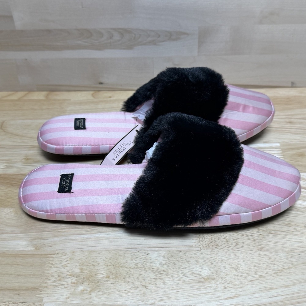 Victoria's Secret Slippers M Pink White Stripe Black Faux Fur NWT Satin Y2K